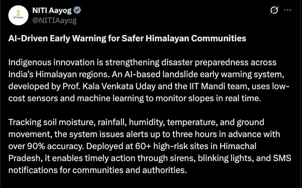 NITI Aayog post headlined "AI-Driven Early Warning for Safer Himalayan Communities", describing the IIT Mandi landslide early warning system